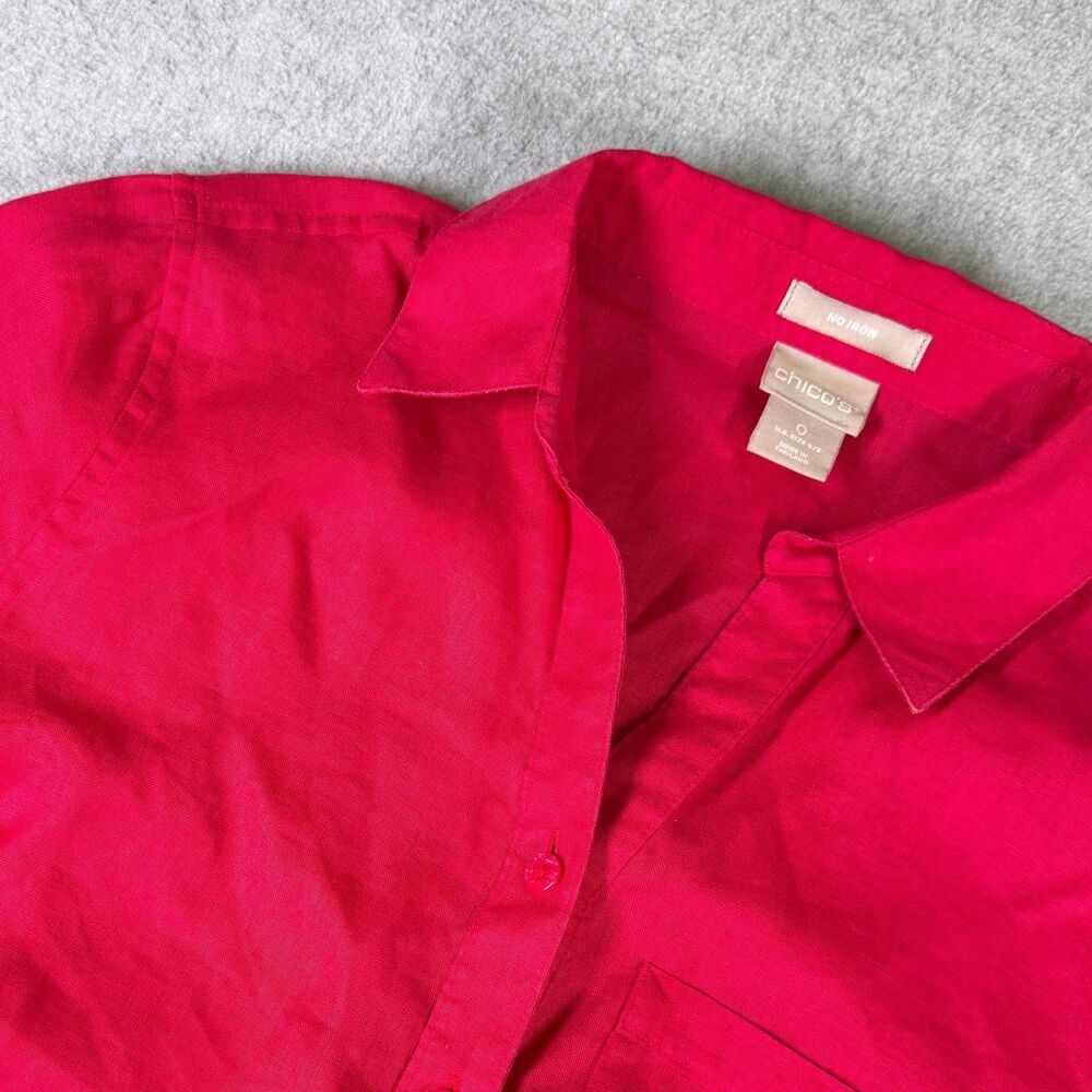 Chico's Linen Button Front Shirt Womens Size 0 US 4/6 Pink 3/4 Sleeve Top